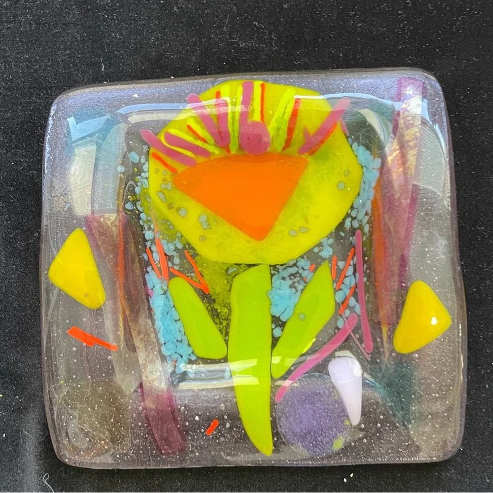Flower Original Pink Fused Art Glass Ring/Key Handmade Square Tray 5” OOAK - Picture 1 of 8